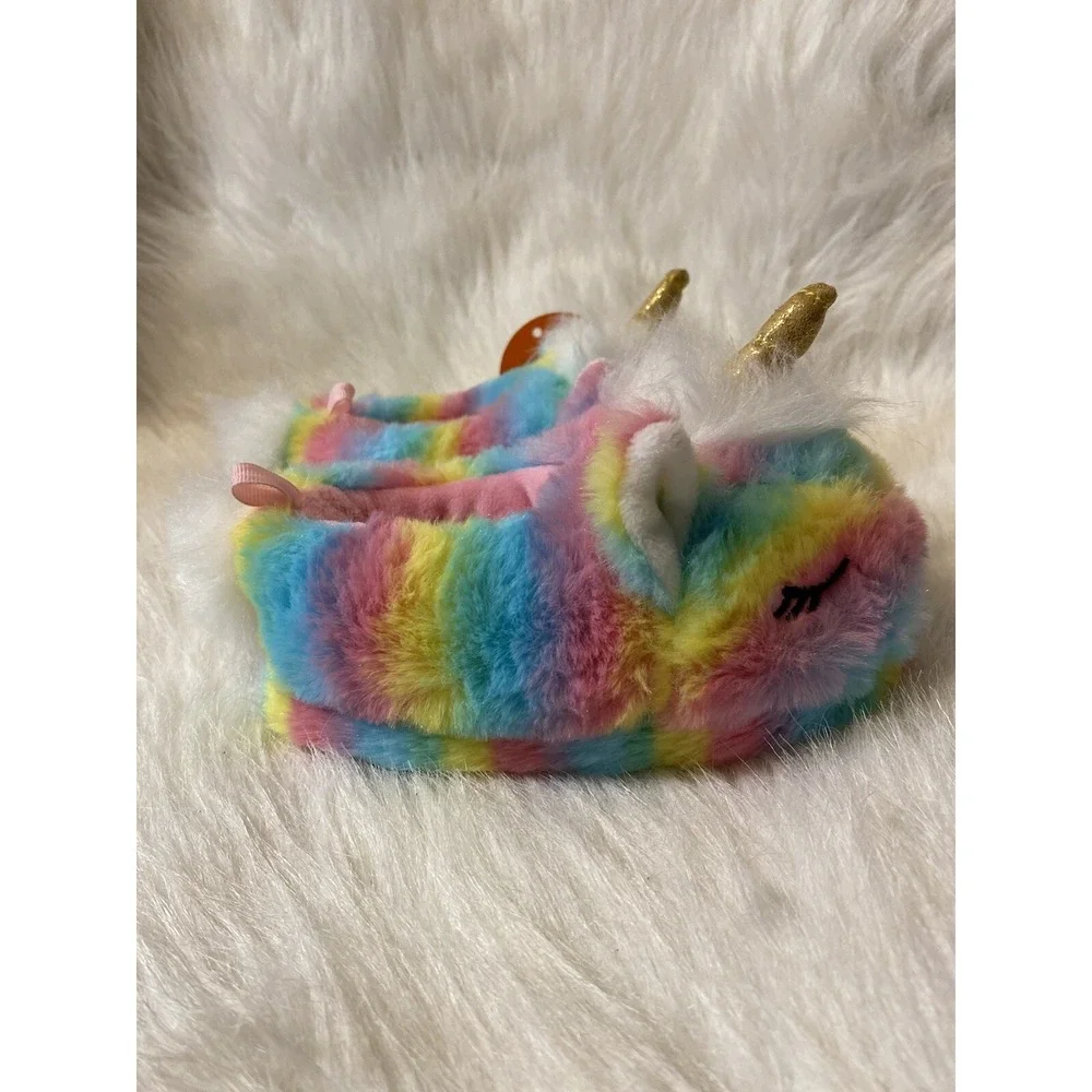 Wonder Nation Plush Rainbow Unicorn Slippers Girls Size 5-6 Fuzzy Slip‎ On Shoes